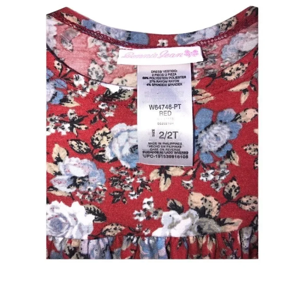 KIDS Girls BNWT Bonnie Jean Size: 2/2T Red Blue Flowered Top with Blue L…